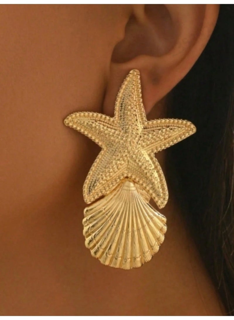 SHEIN2pcs  Asymmetrical Exaggerated Sensual Gold Starfish, Heart, Shell Dangle Earrings Accessories For Women - Image 2